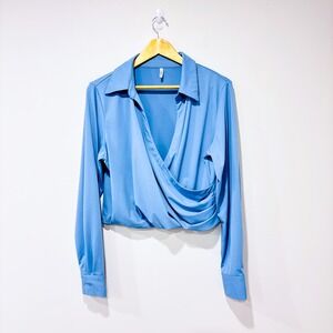 HALARA Light blue wrap cropped blouse | Soft minimal | X-Large